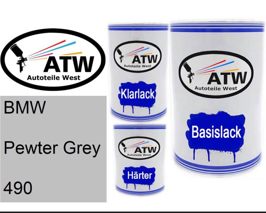 BMW, Pewter Grey, 490: 500ml Lackdose + 500ml Klarlack + 250ml Härter - Set, von ATW Autoteile West.